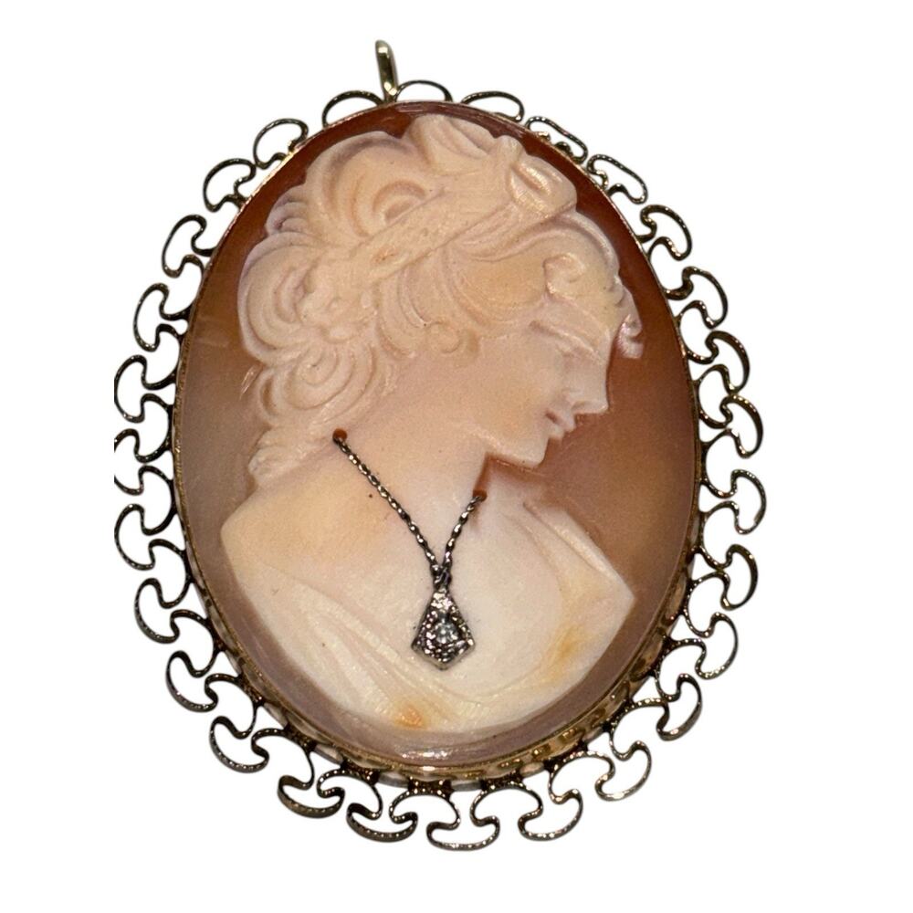 1/20 12K Yellow Gold Fill Carved Cameo Habille Brooch Pin Pendant 1.2 x 1.6"